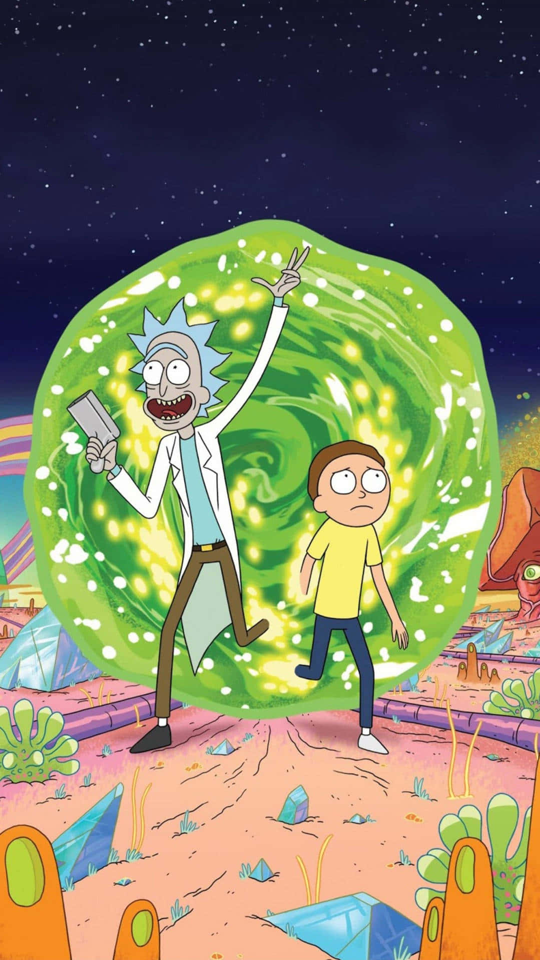 Rick And Morty Straddle A Portal In The Middle Of An Unknown Universe Background