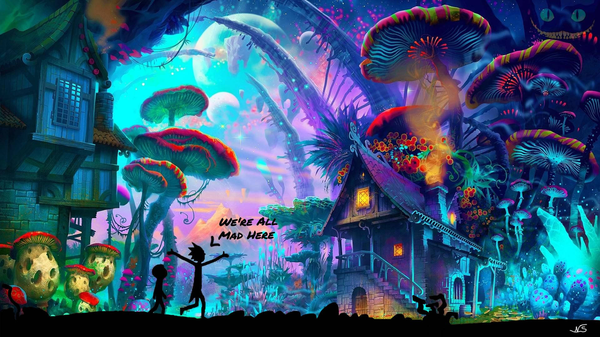 Rick And Morty Trippy Mushroom Houses Background