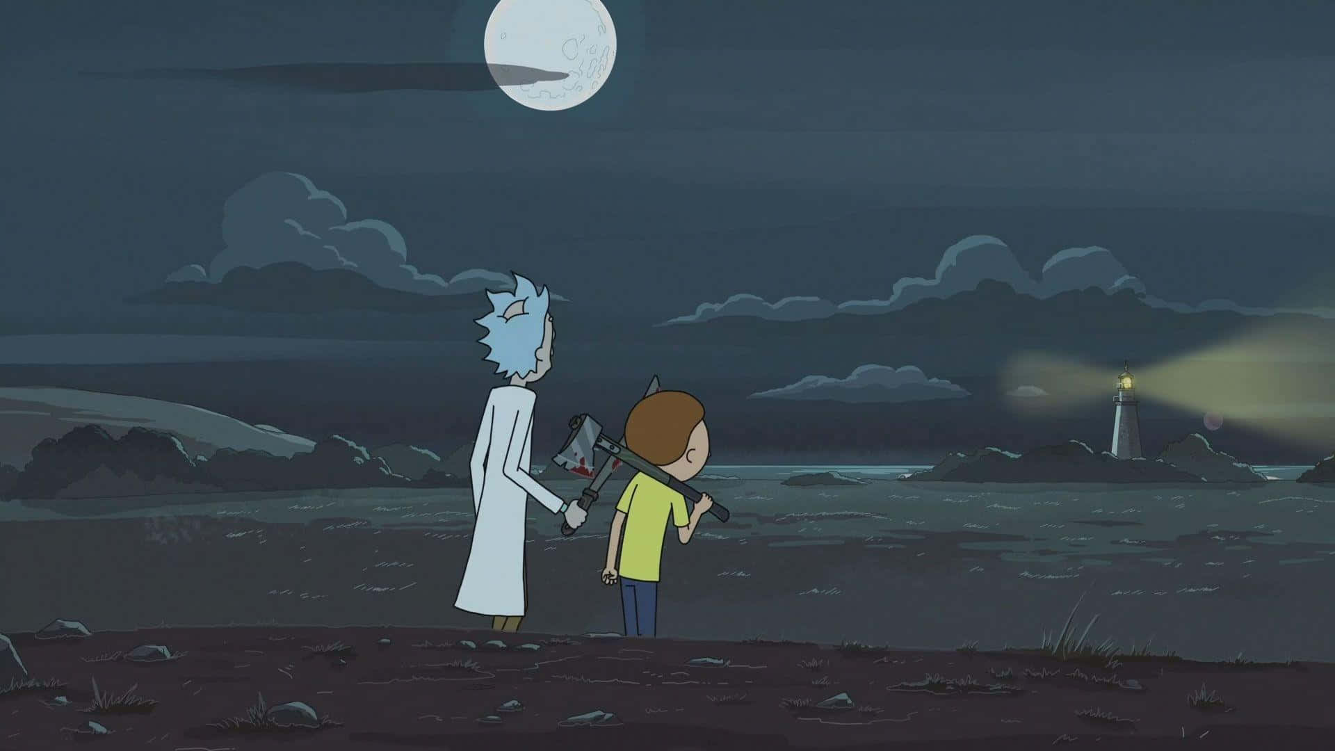 Rick Morty And Morty In The Moonlight Background