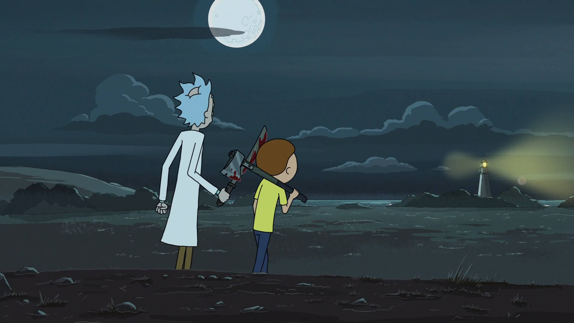 Rick Sanchez Staring At A Lighthouse Background