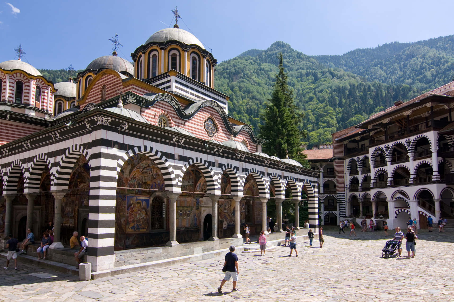 Rila Monastery Veranda From Outside Background