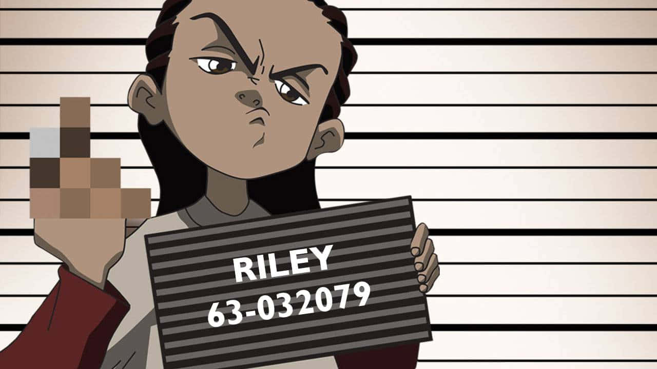 Riley - A Cartoon Character Holding A Mugshot Background