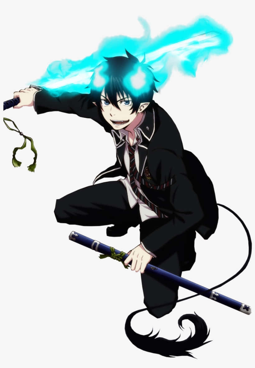 Rin Okumura Poised For Action In The Blue Flames Background