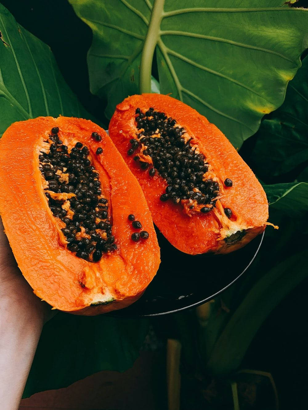 Ripe Papaya Fruits And Leaves Background