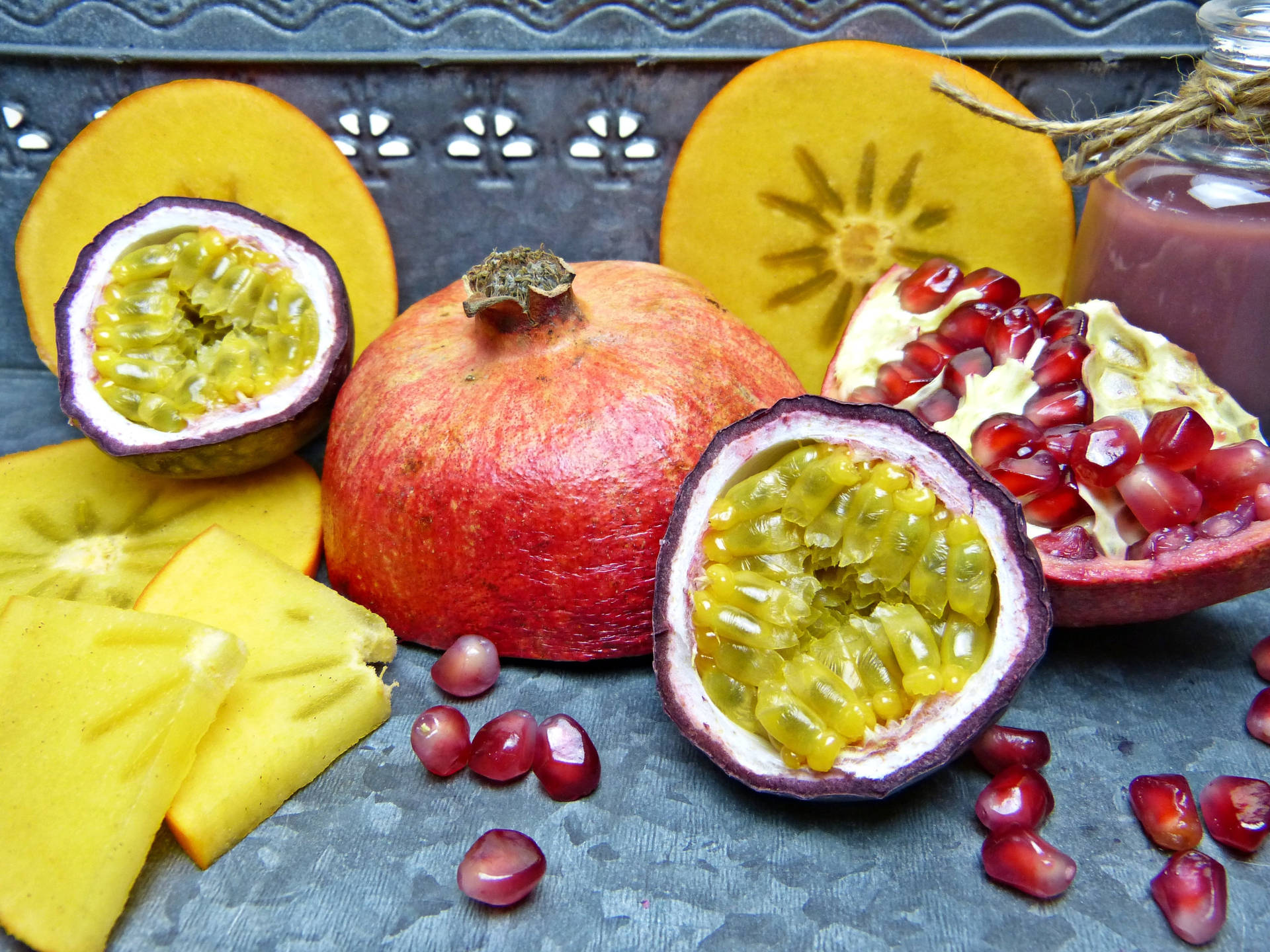 Ripe Pomegranate And Passion Fruit Background