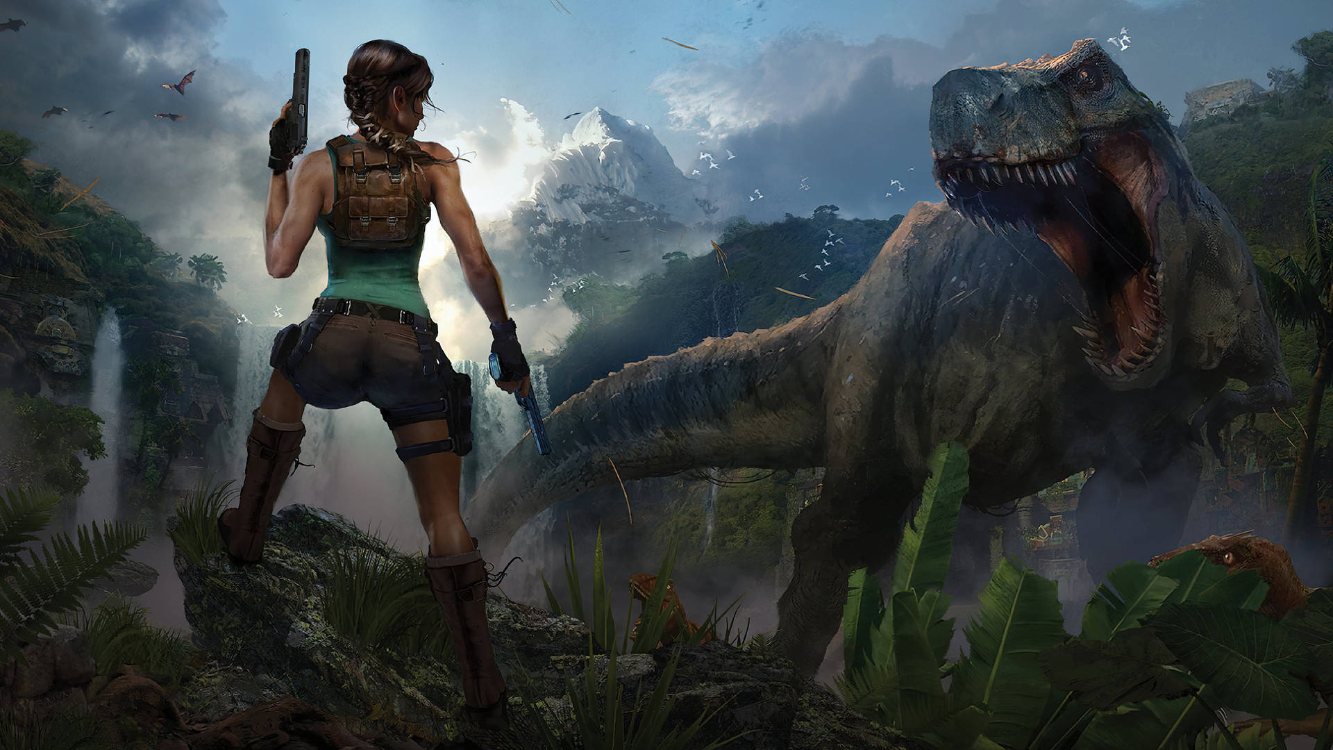 Rise Of The Tomb Raider Lara Vs. Dinosaur Background