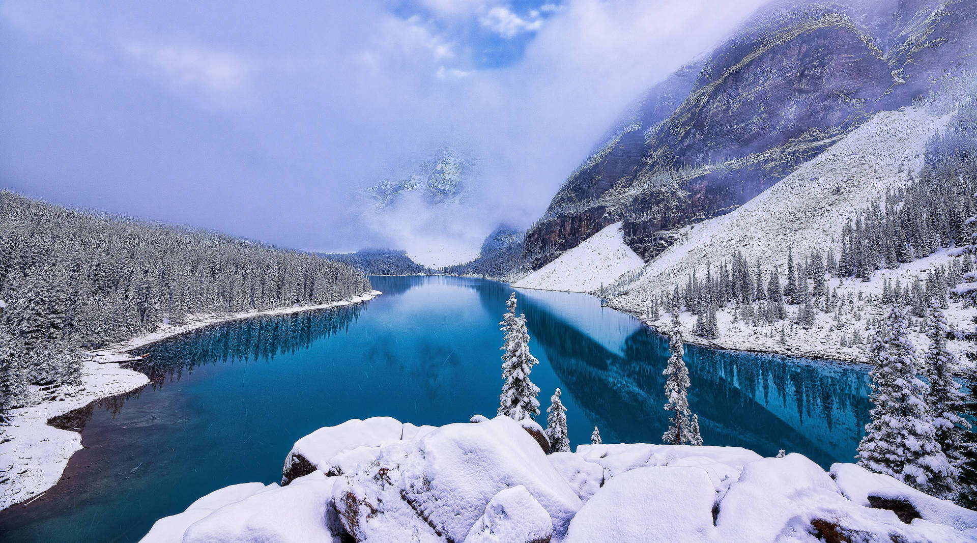 River And Mountain Cozy Winter Morning Background