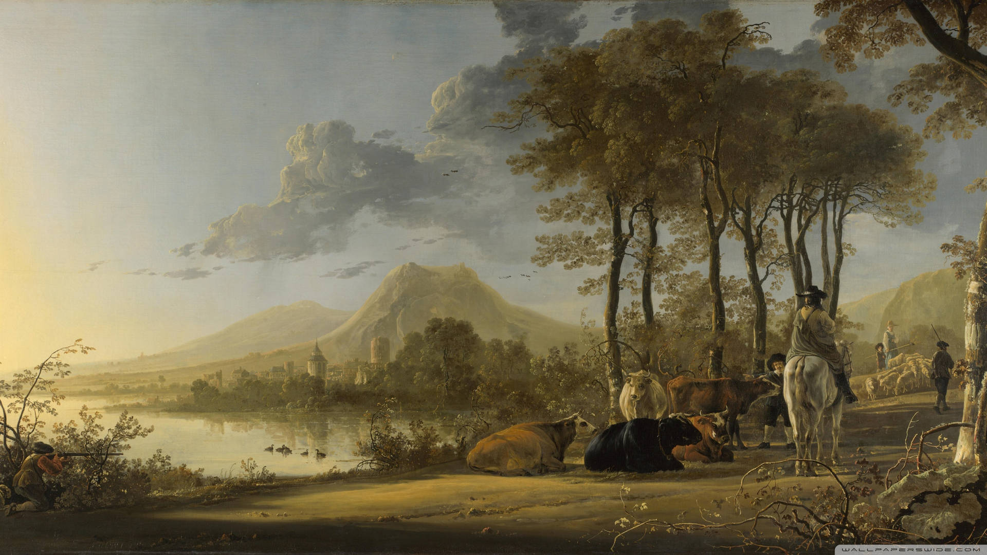 River Landscape With Horseman And Peasants Painting Background