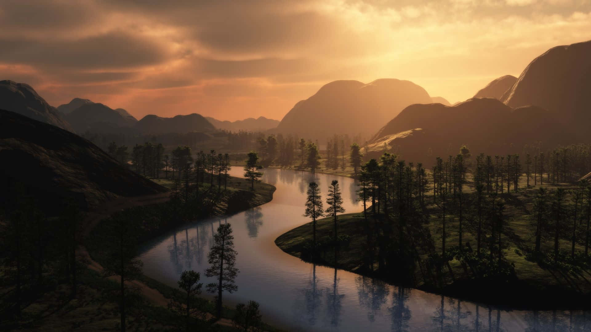 River Mountains Sunset View Landscape