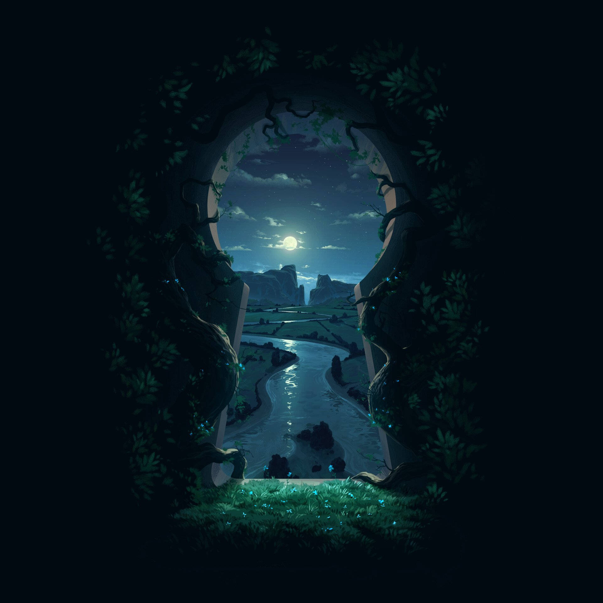 River Night Scenery Behind Key-shaped Opening Background