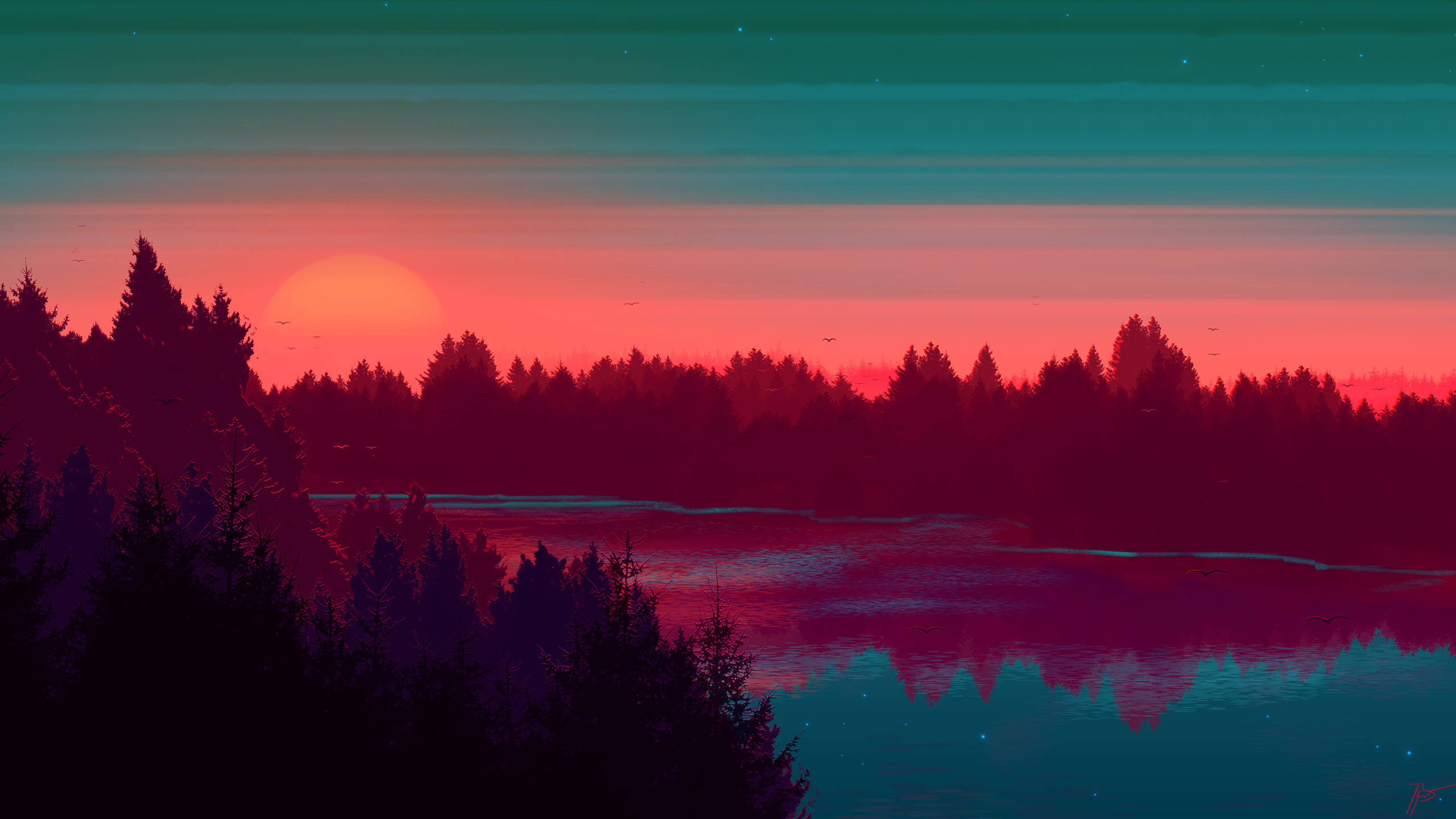 River Sunset Digital Artwork Pretty Landscape Background