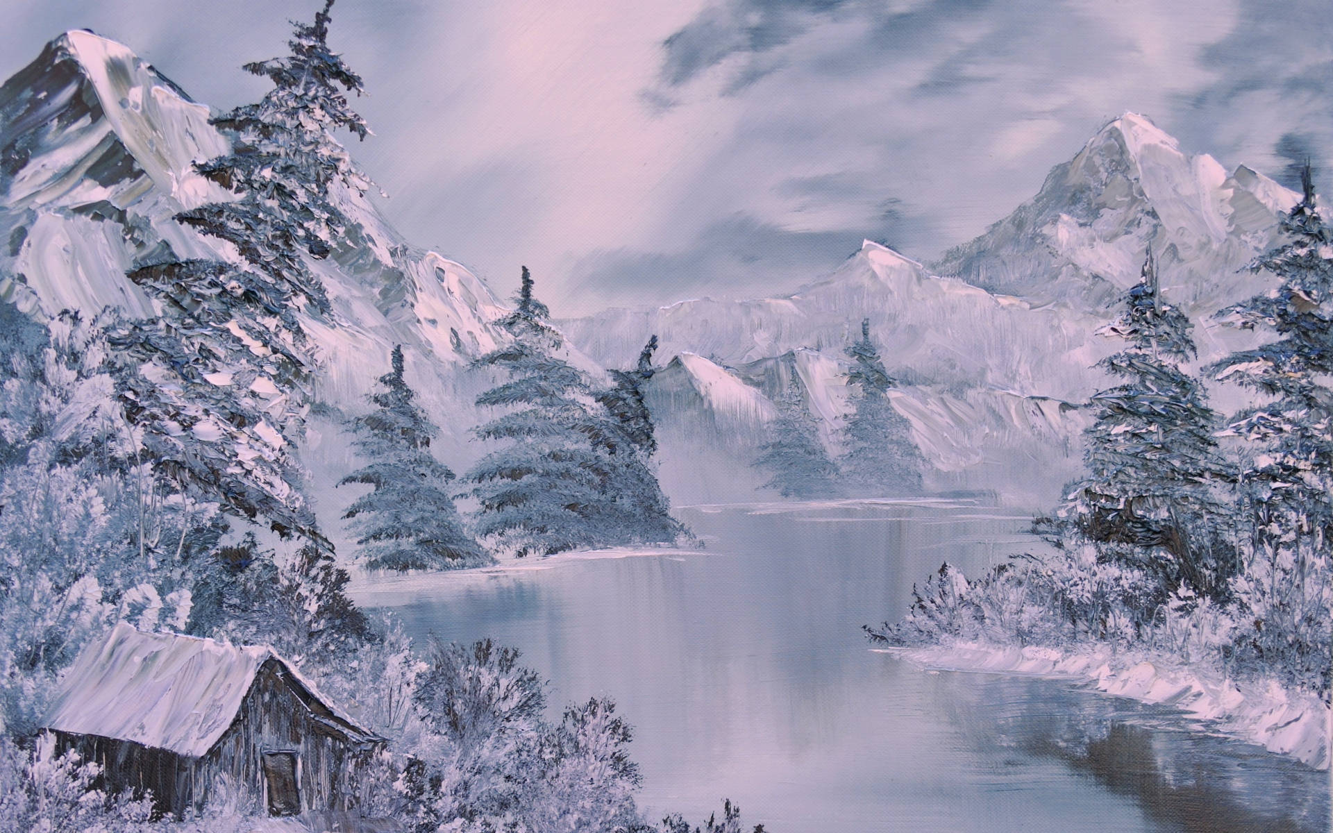 River Winter Scenery Painting Background