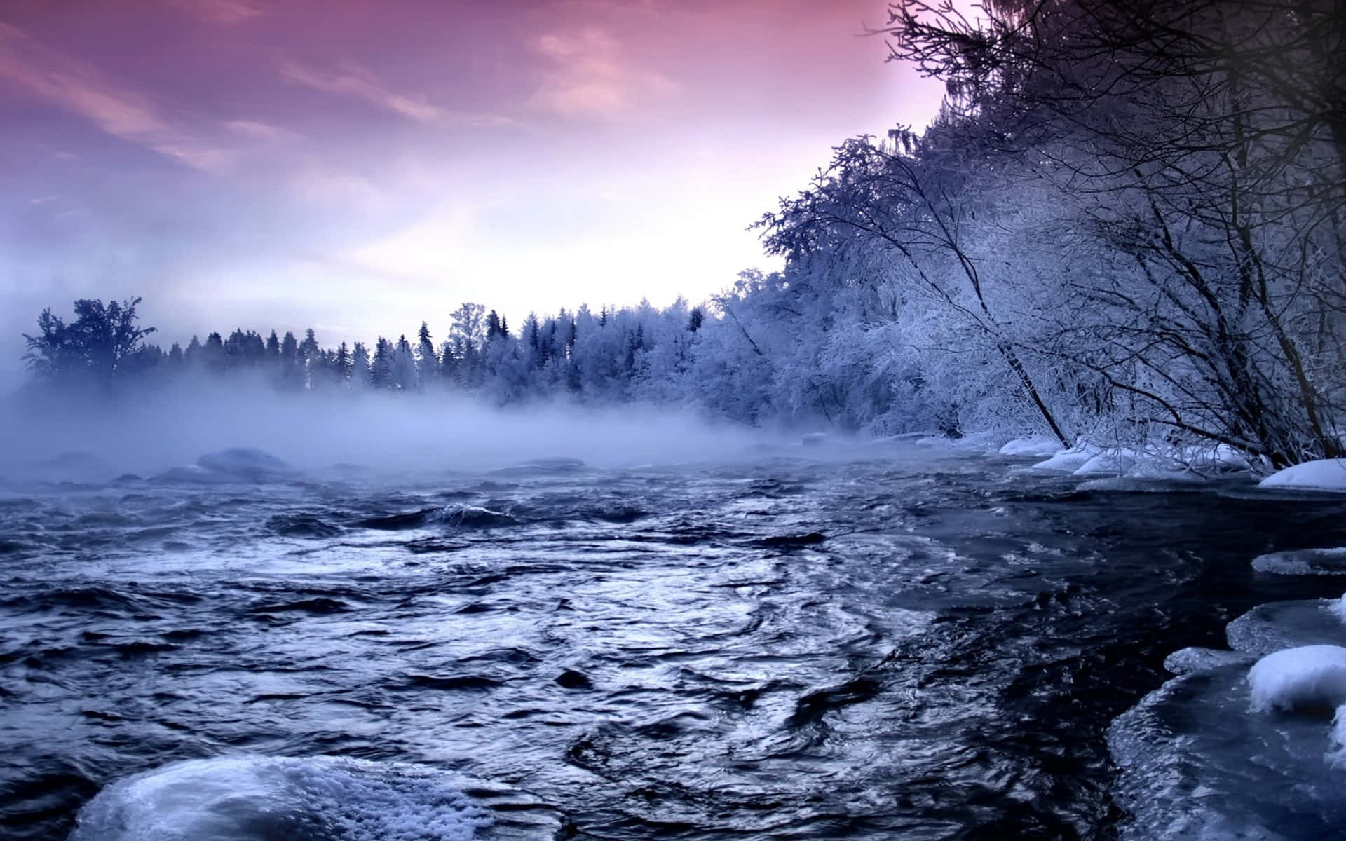 River With Steam Winter Scenery Desktop Background