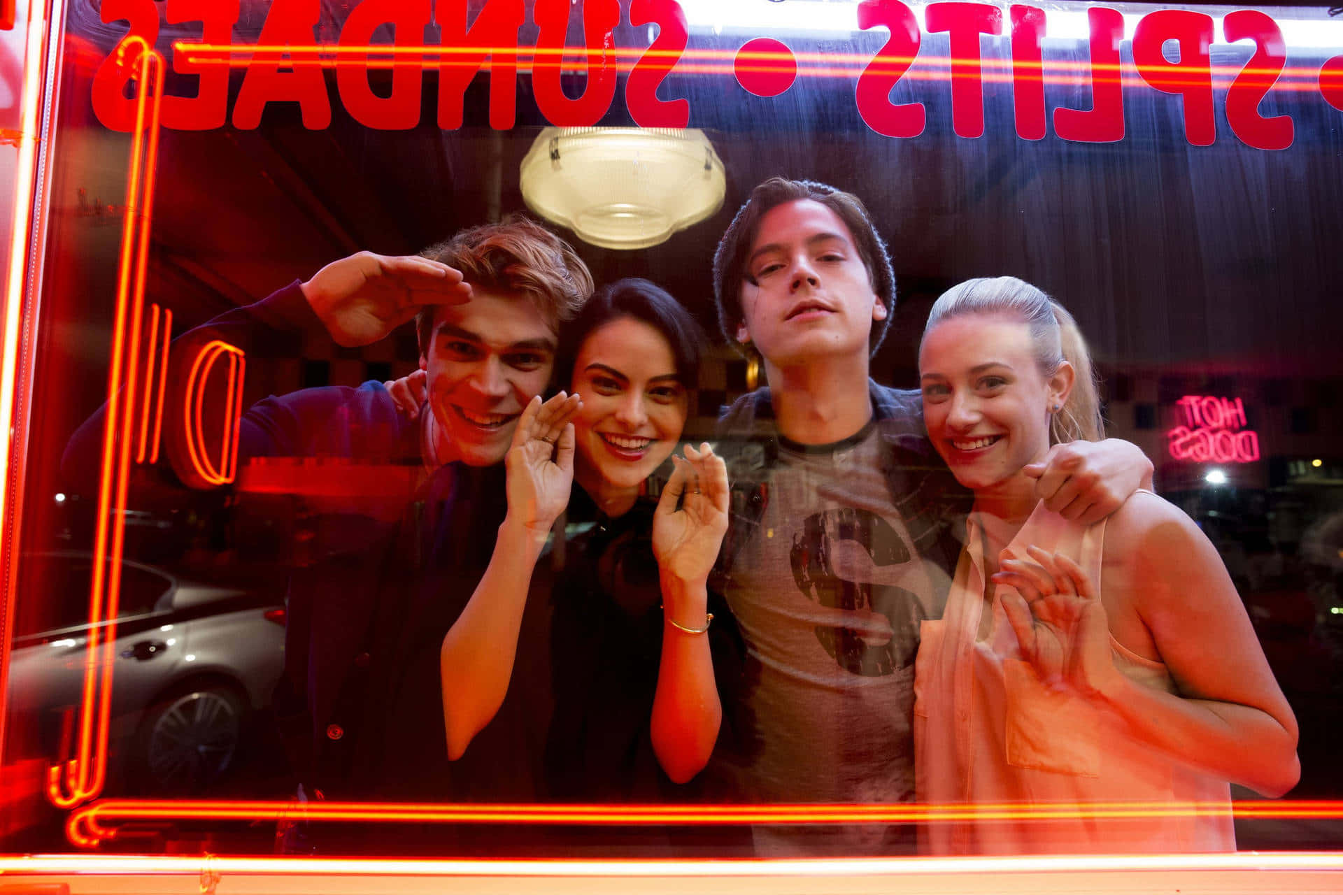Riverdale Cast Outside Pops Diner Background