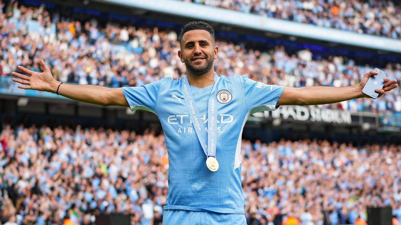 Riyad Mahrez Celebrating With His Champion Medal Background