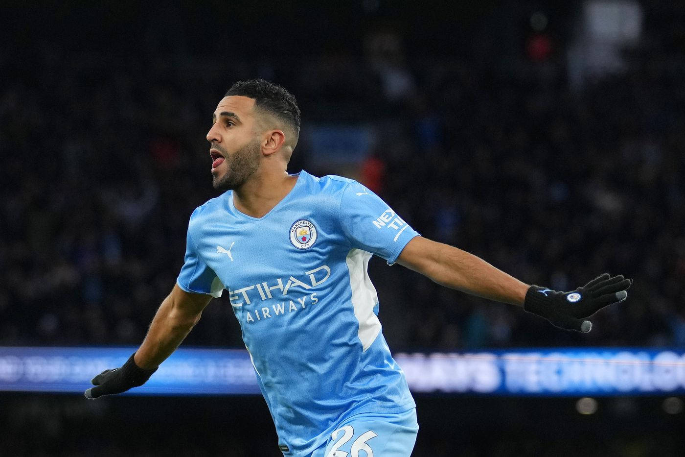 Riyad Mahrez Hands Apart Black Gloves Background