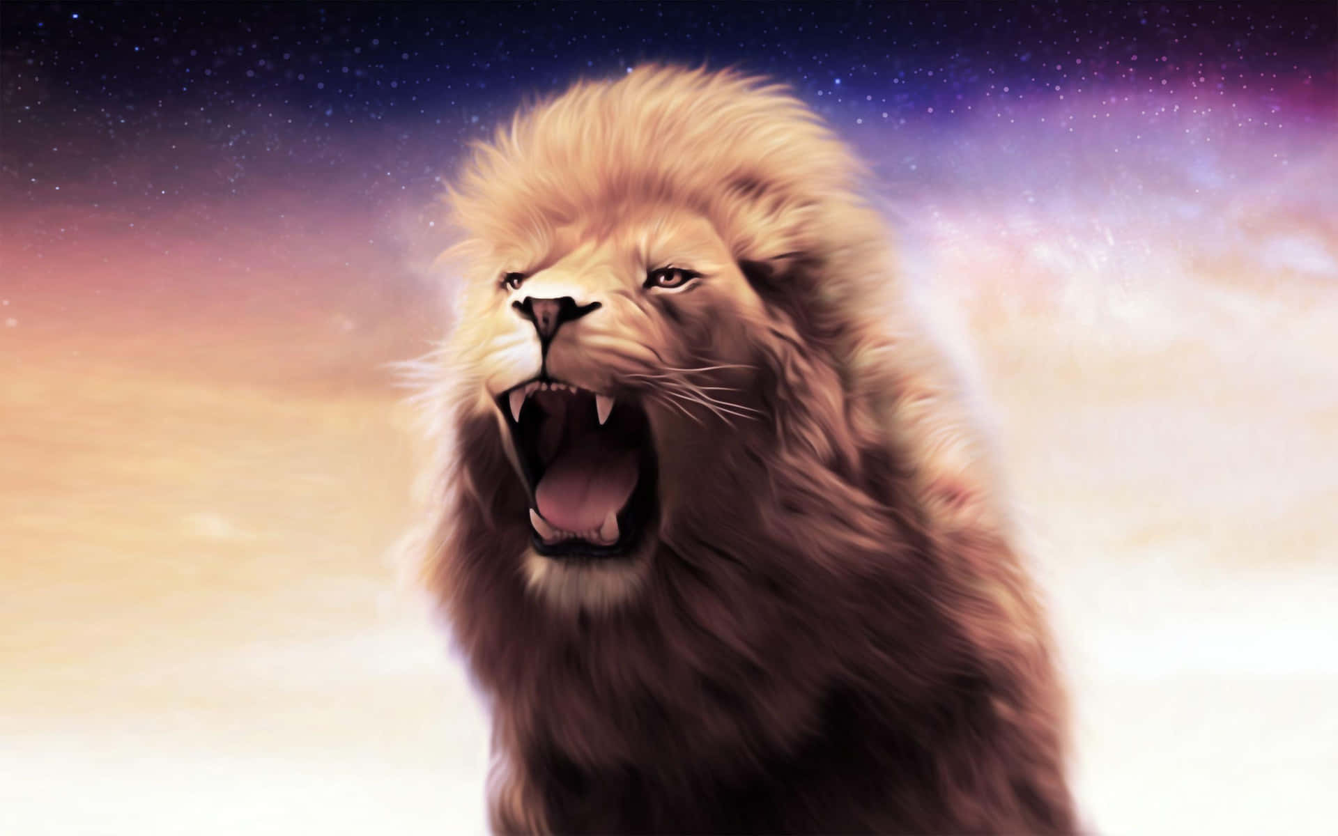 Roaring Lion With Purple Skies Background