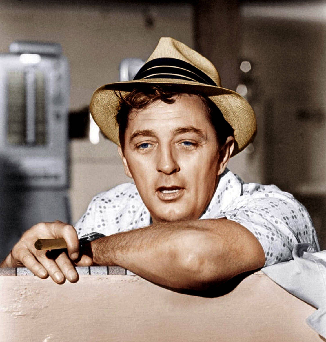 Robert Mitchum Colored Shot With Cigar Background