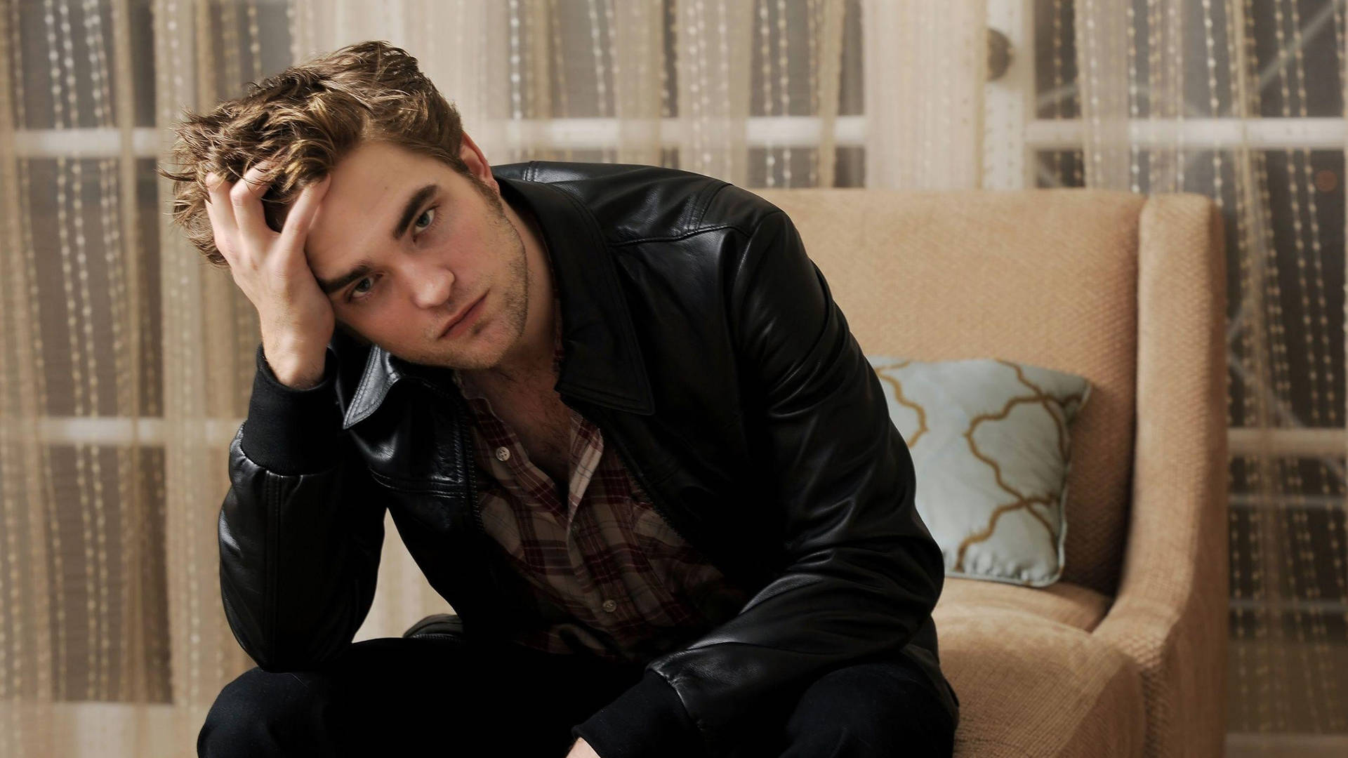 Robert Pattinson In Leather Jacket Background