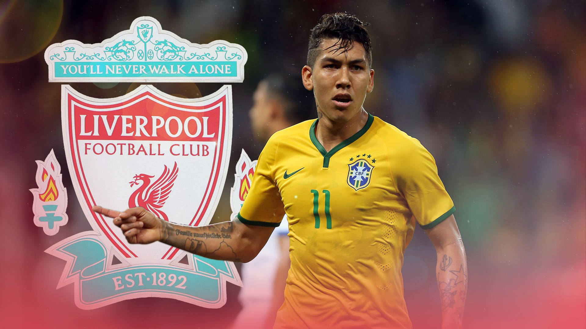 Roberto Firmino Brazil Jersey And Liverpool Crest Background