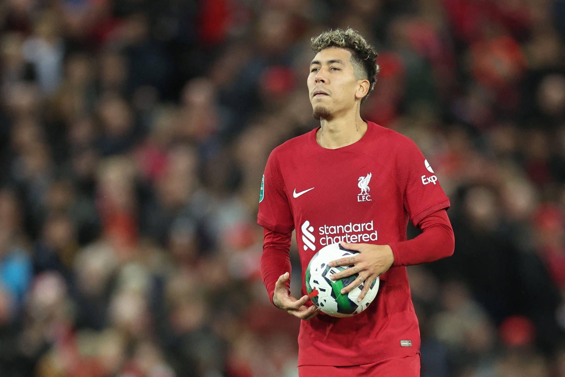 Roberto Firmino Holding Ball Near Stomach Background