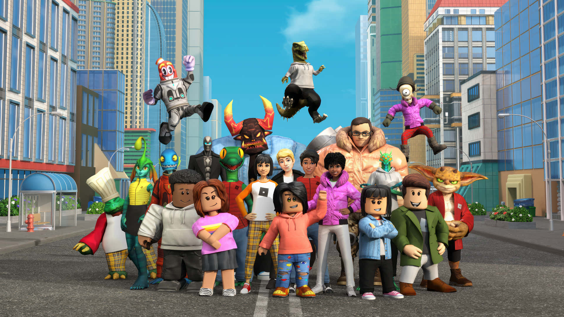 Roblox Characters Gathering Cityscape Background