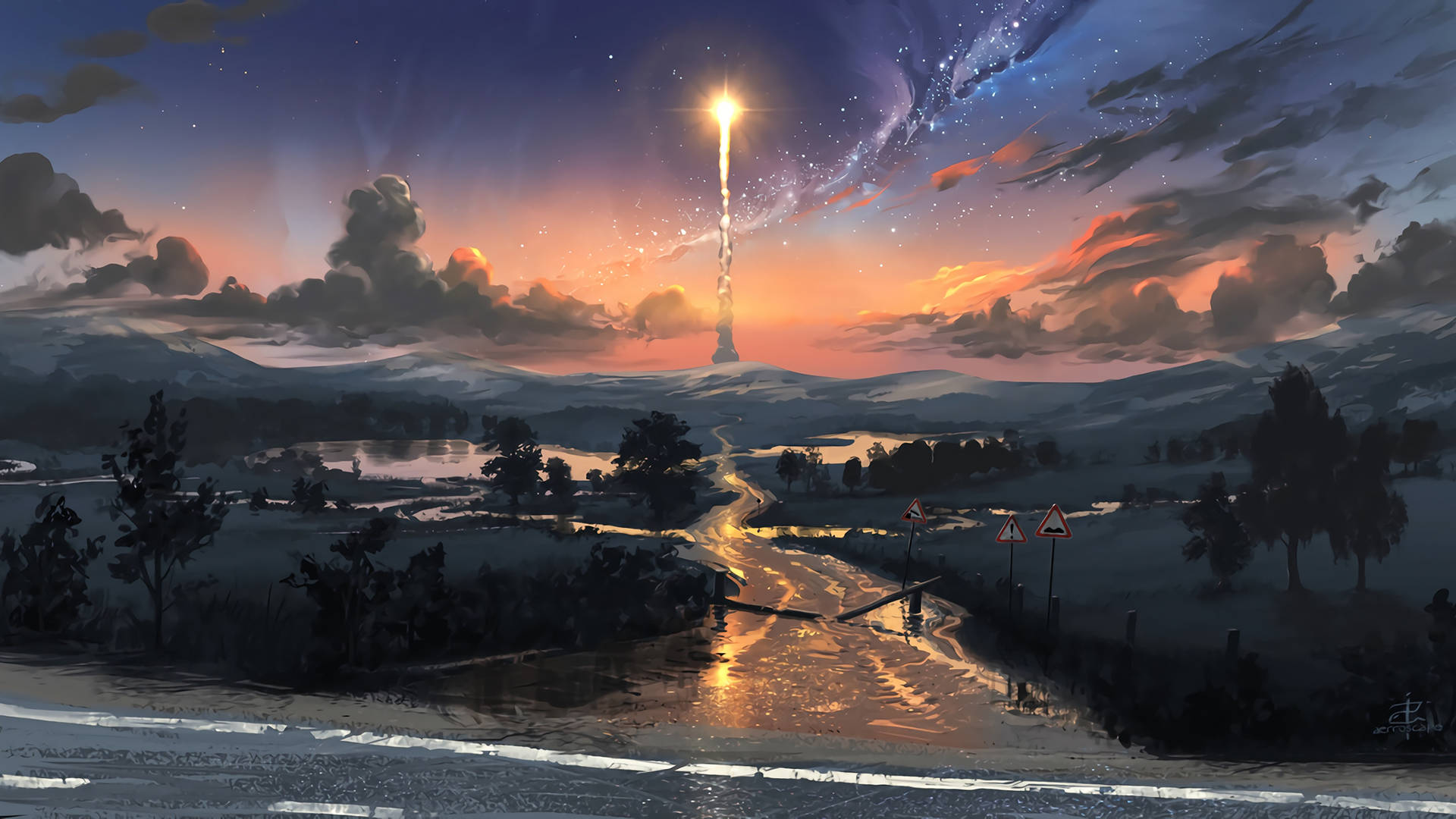 Rocket On Landscape Digital Art Background