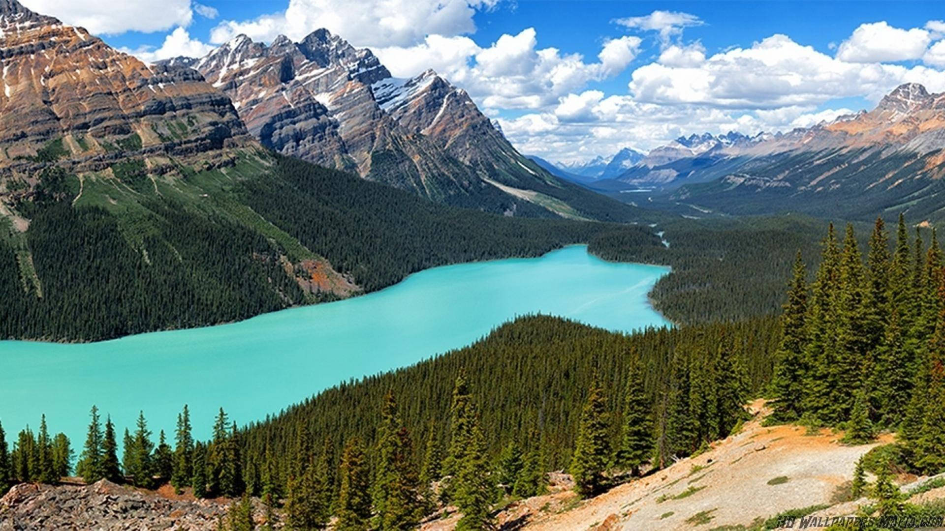 Rocky Mountain Behind A Beautiful Bright Blue River