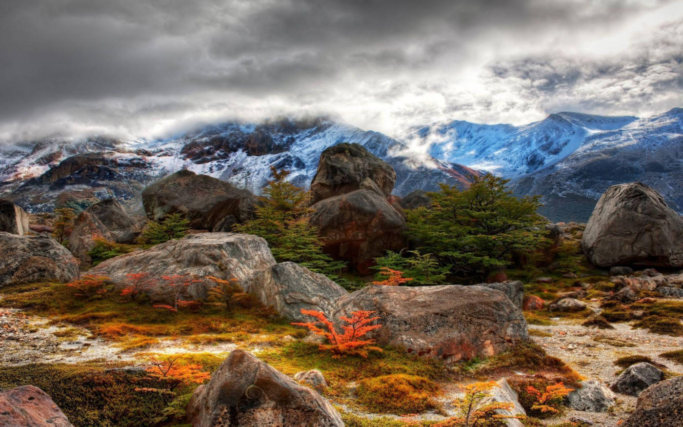 Rocky Mountain In Autumn With Small Orange Trees