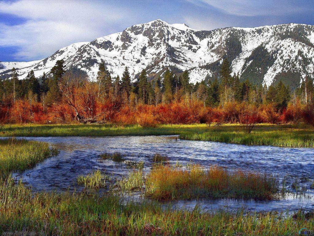 Rocky Mountain With Water Surrounding Patches Of Grass