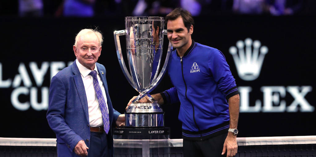 Rod Laver Trophy With Roger Federer