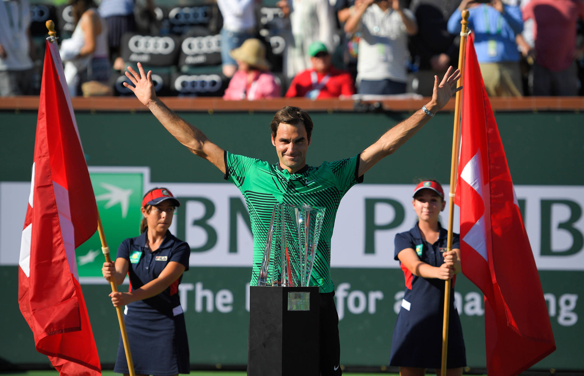 Roger Federer With Two Flags Background