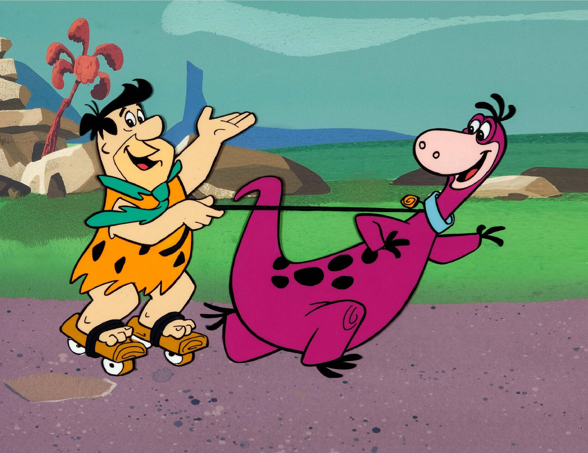 Rollerblading Fred Flintstone And Dino Background