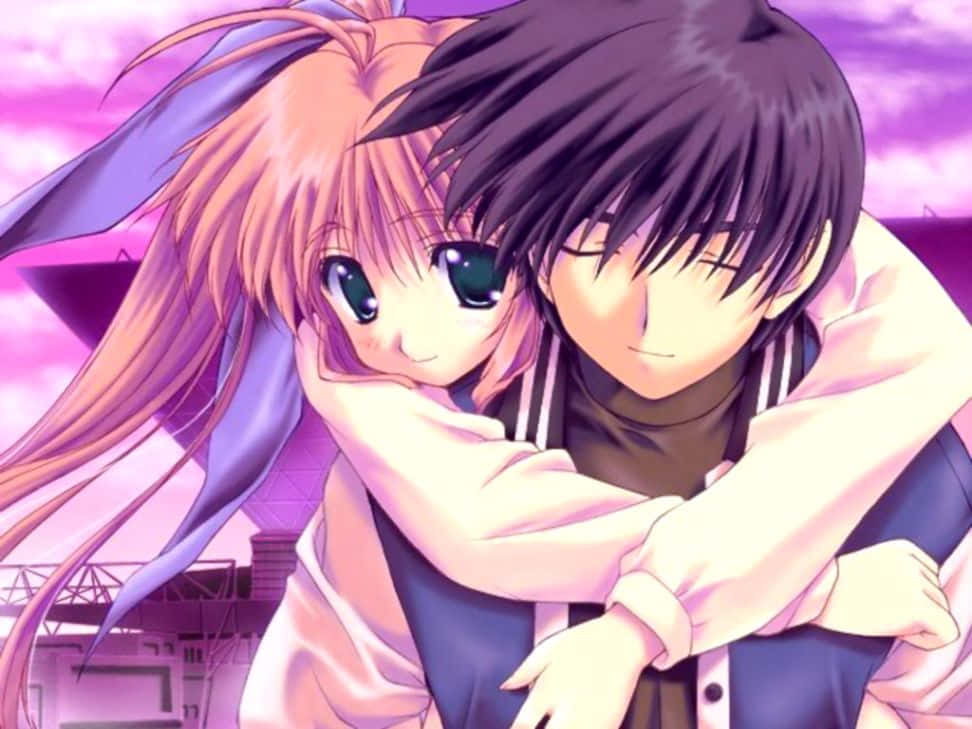 Romance Anime Couple Back Hug Background