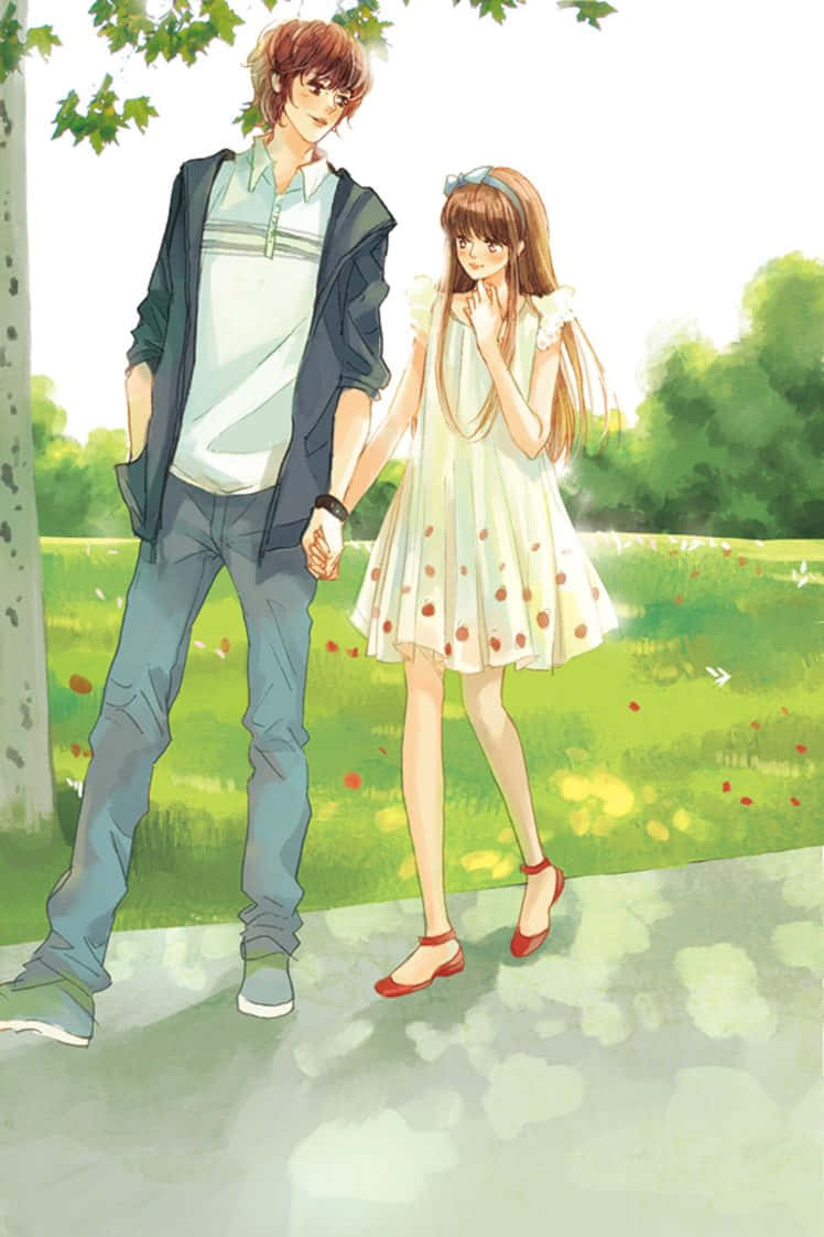 Romance Anime Couple Holding Hands Under Tree