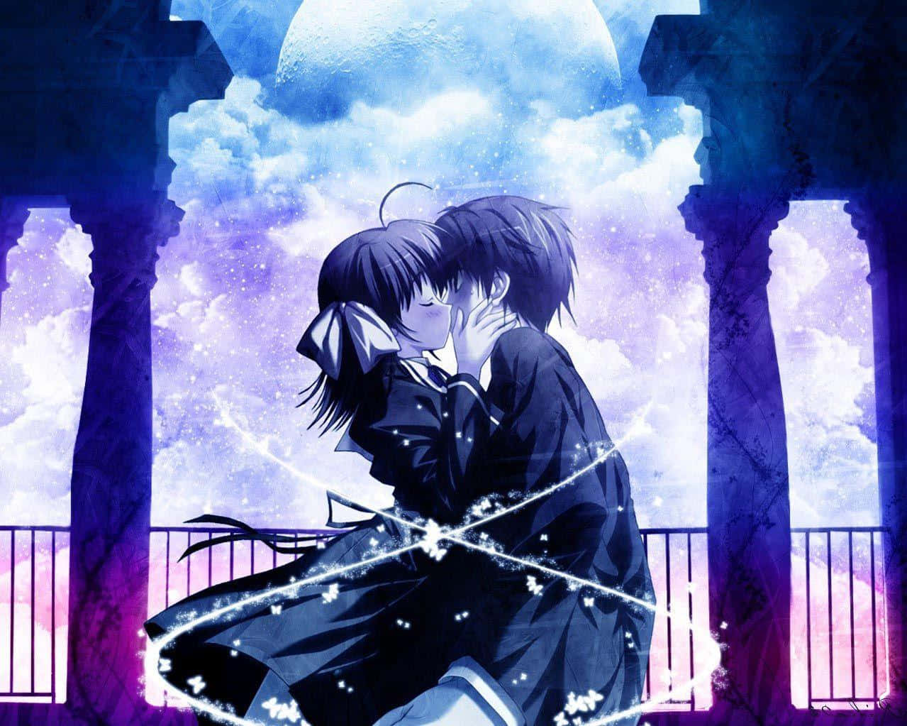 Romance Anime Couple Kissing Against Cloud