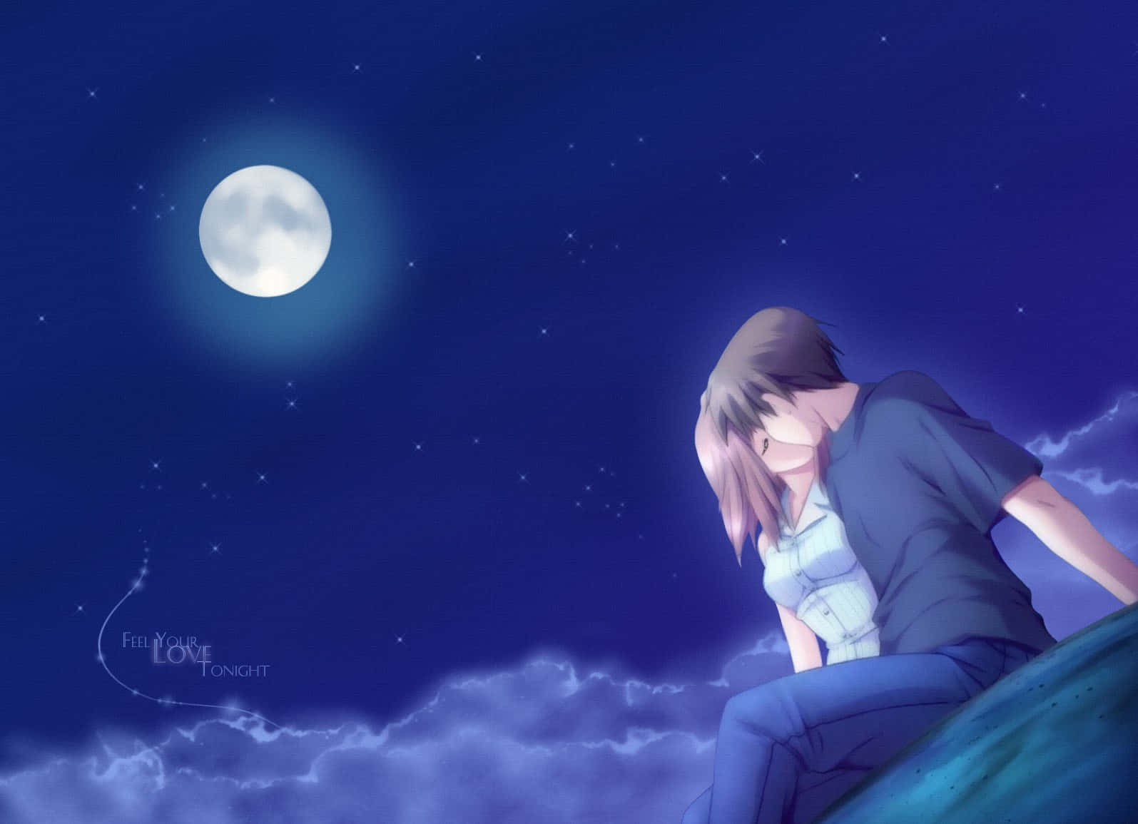 Romance Anime Couple Kissing With Moon
