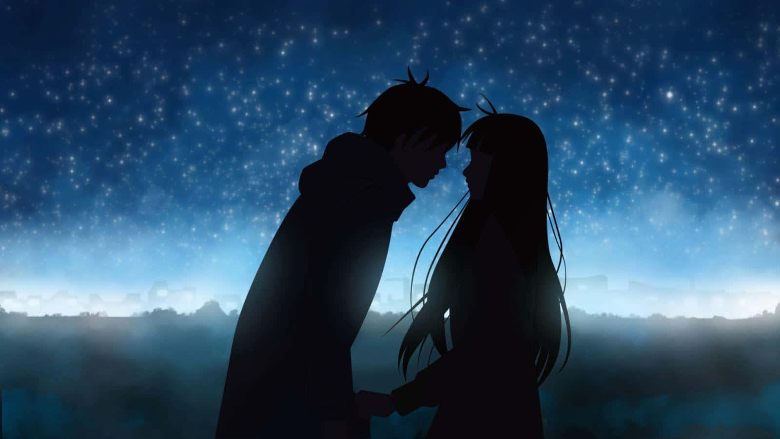Romance Anime Couple Silhouette Blue Night Sky