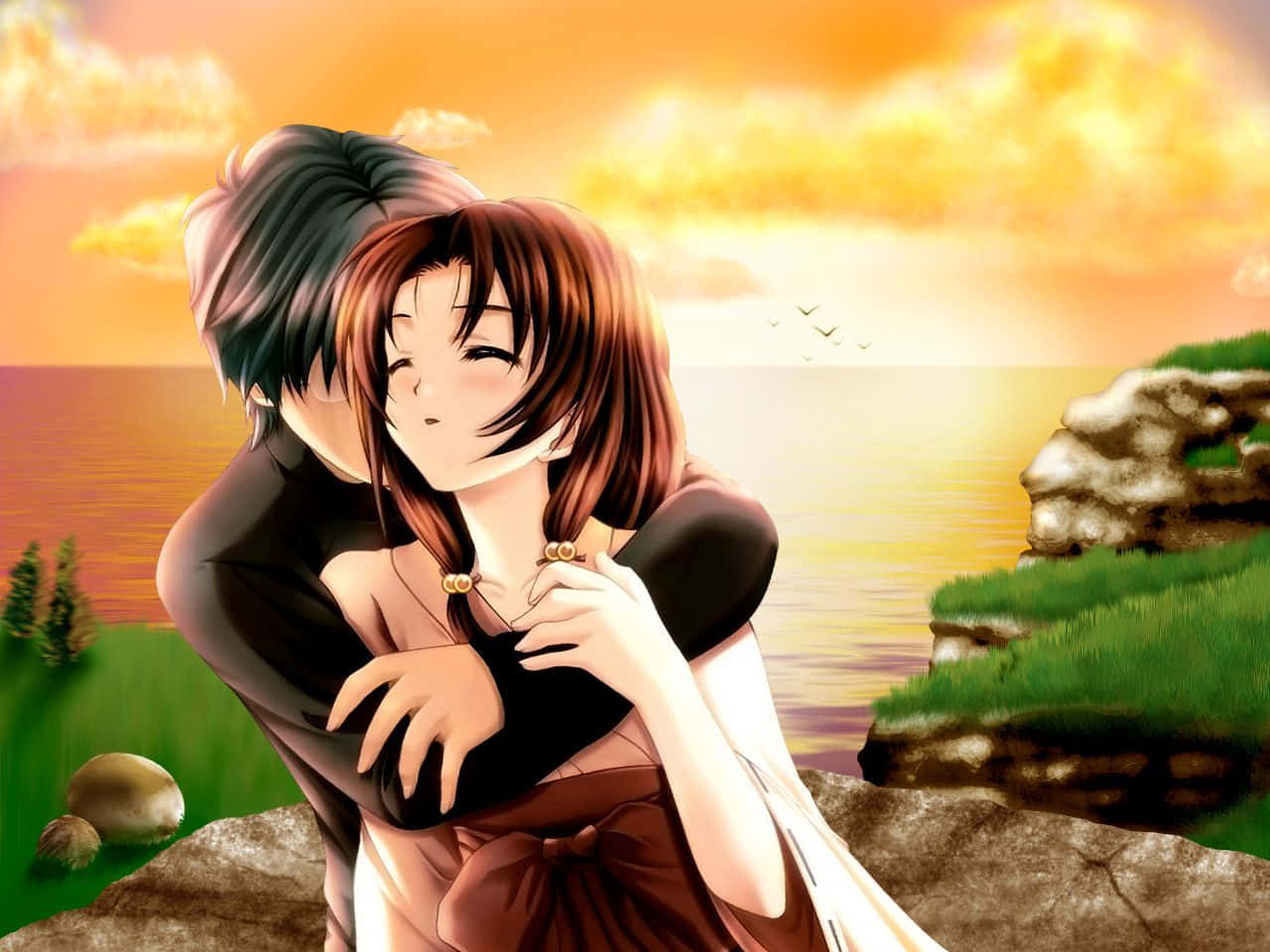 Romance Anime Couple Sunset Sky