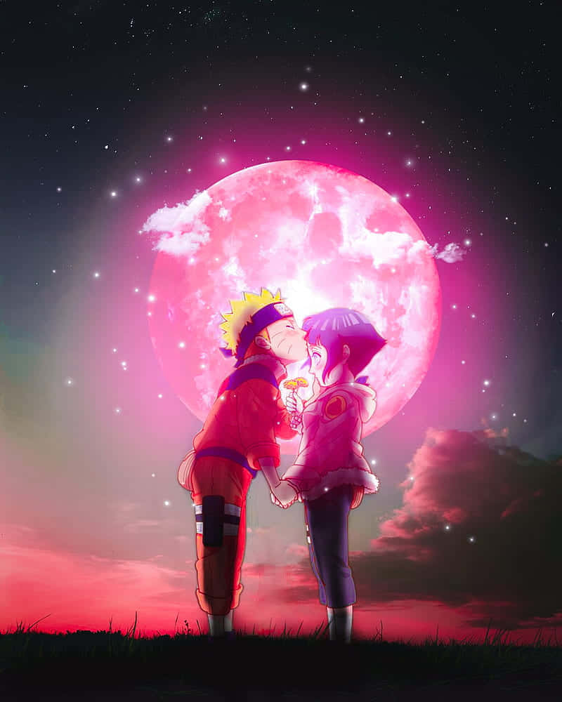 Romance Anime Naruto Kissing Hinata Pink Moon Background