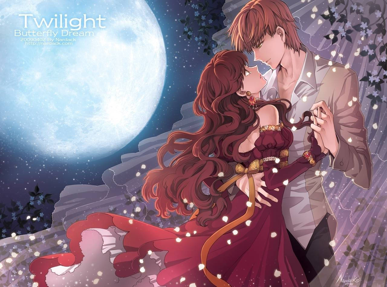 Romantic Anime Couple Dancing Under Moon Background
