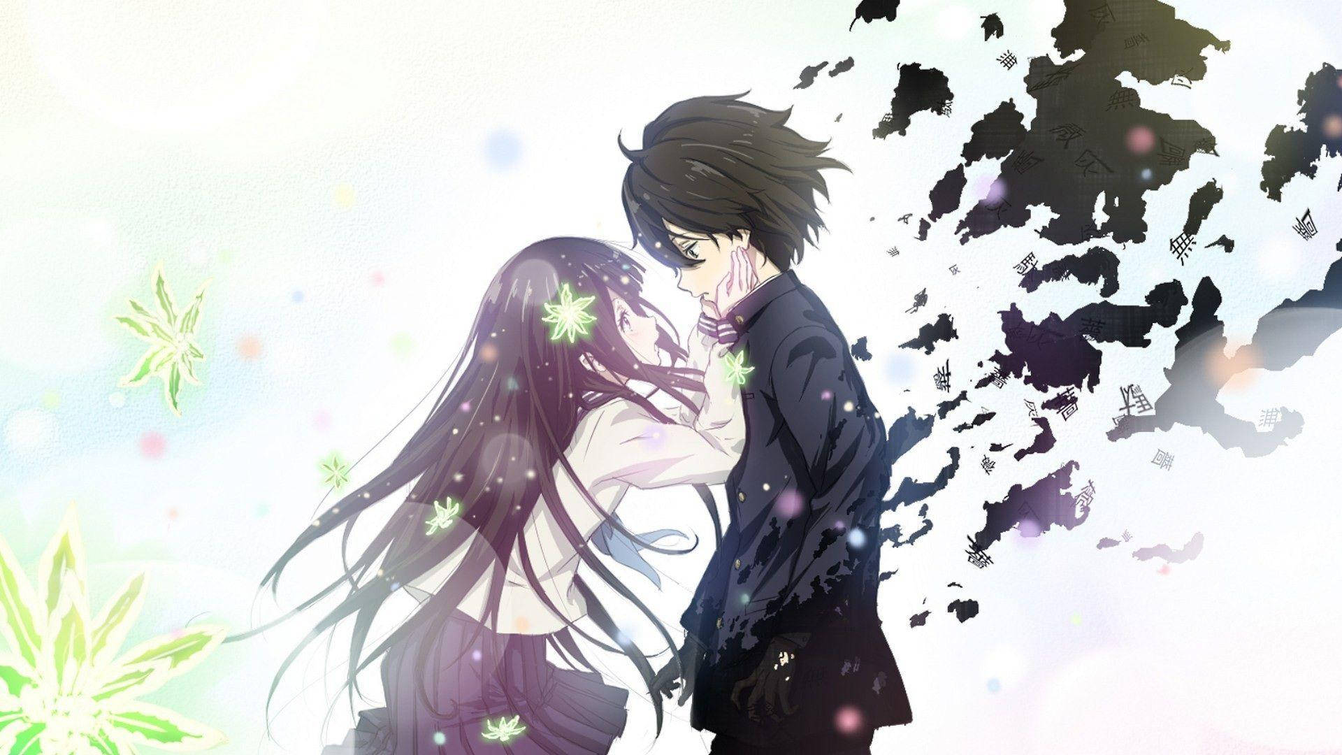 Romantic Anime Couple Embracing Background