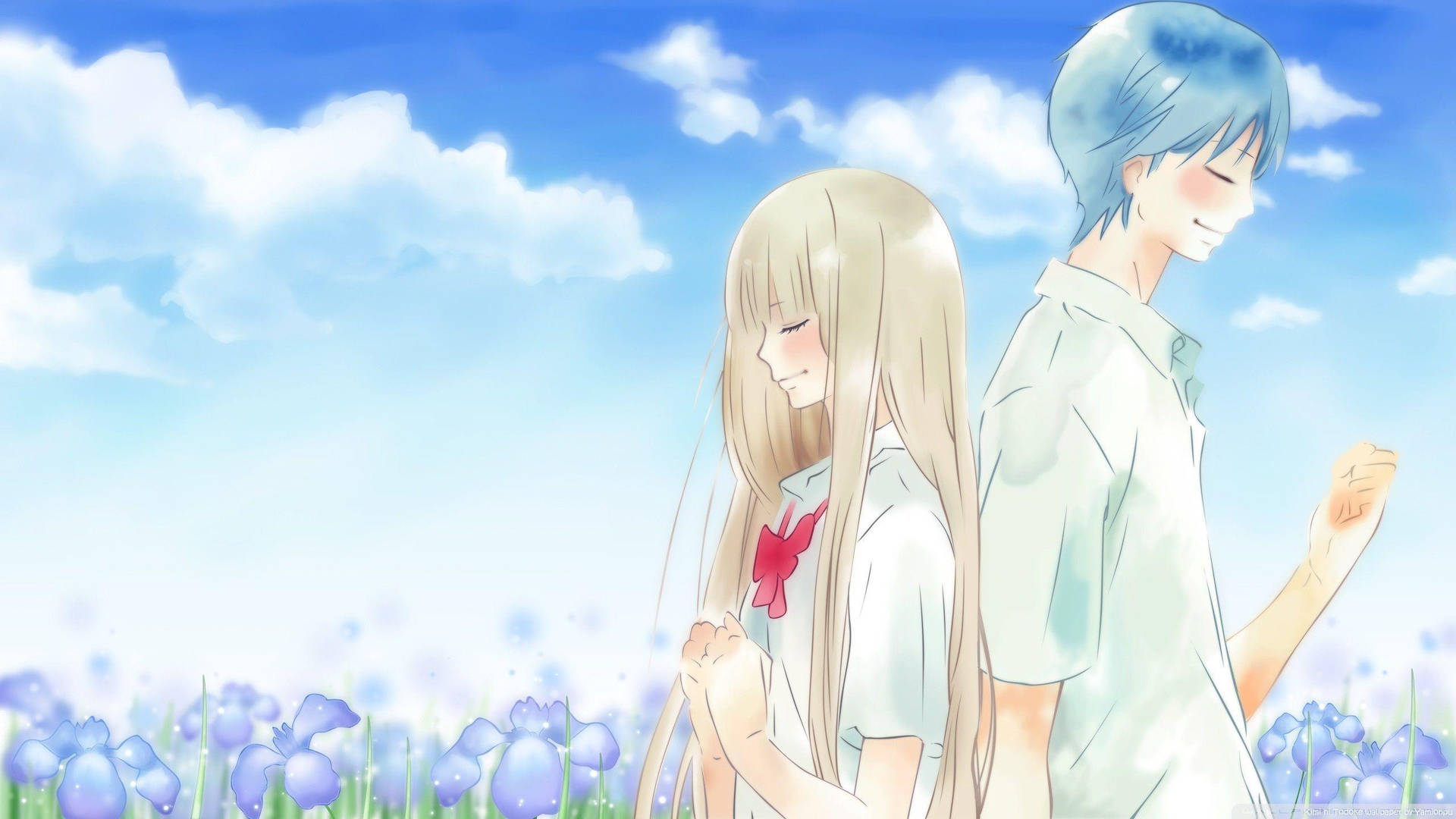 Romantic Anime Couple In Blue Field Background