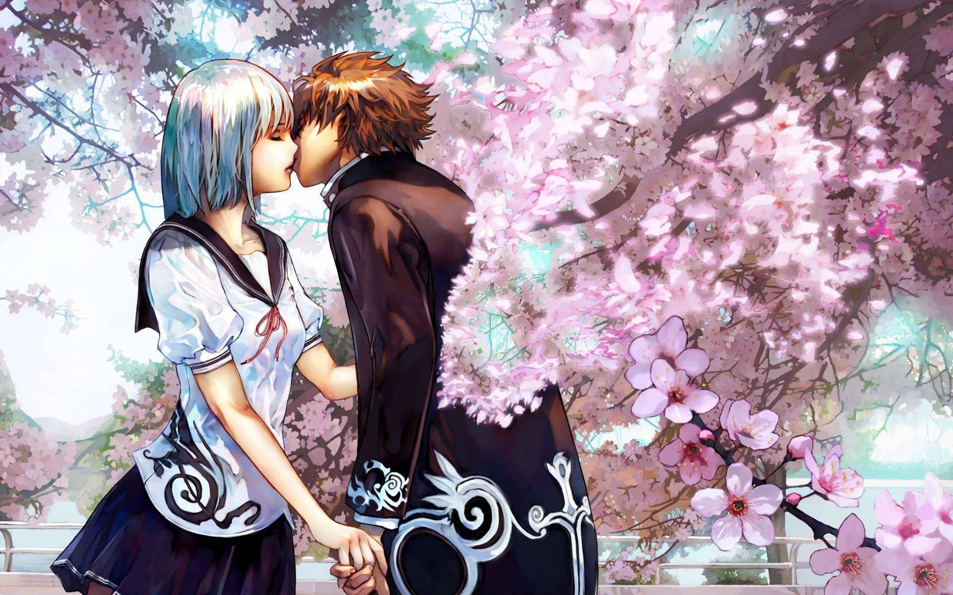 Romantic Anime Couple Kiss Under Sakura Tree Background