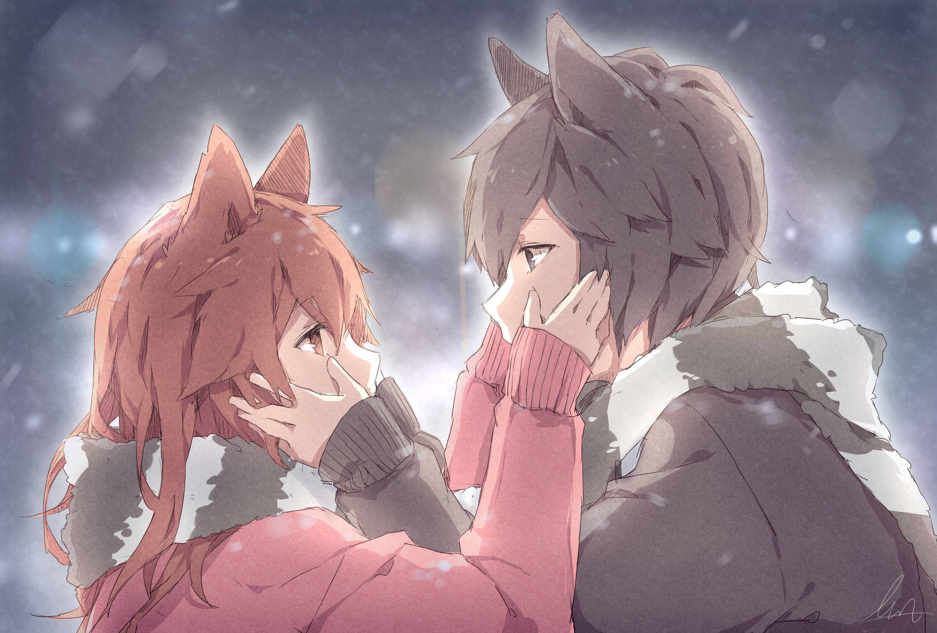 Romantic Anime Couples Animal Ears Background