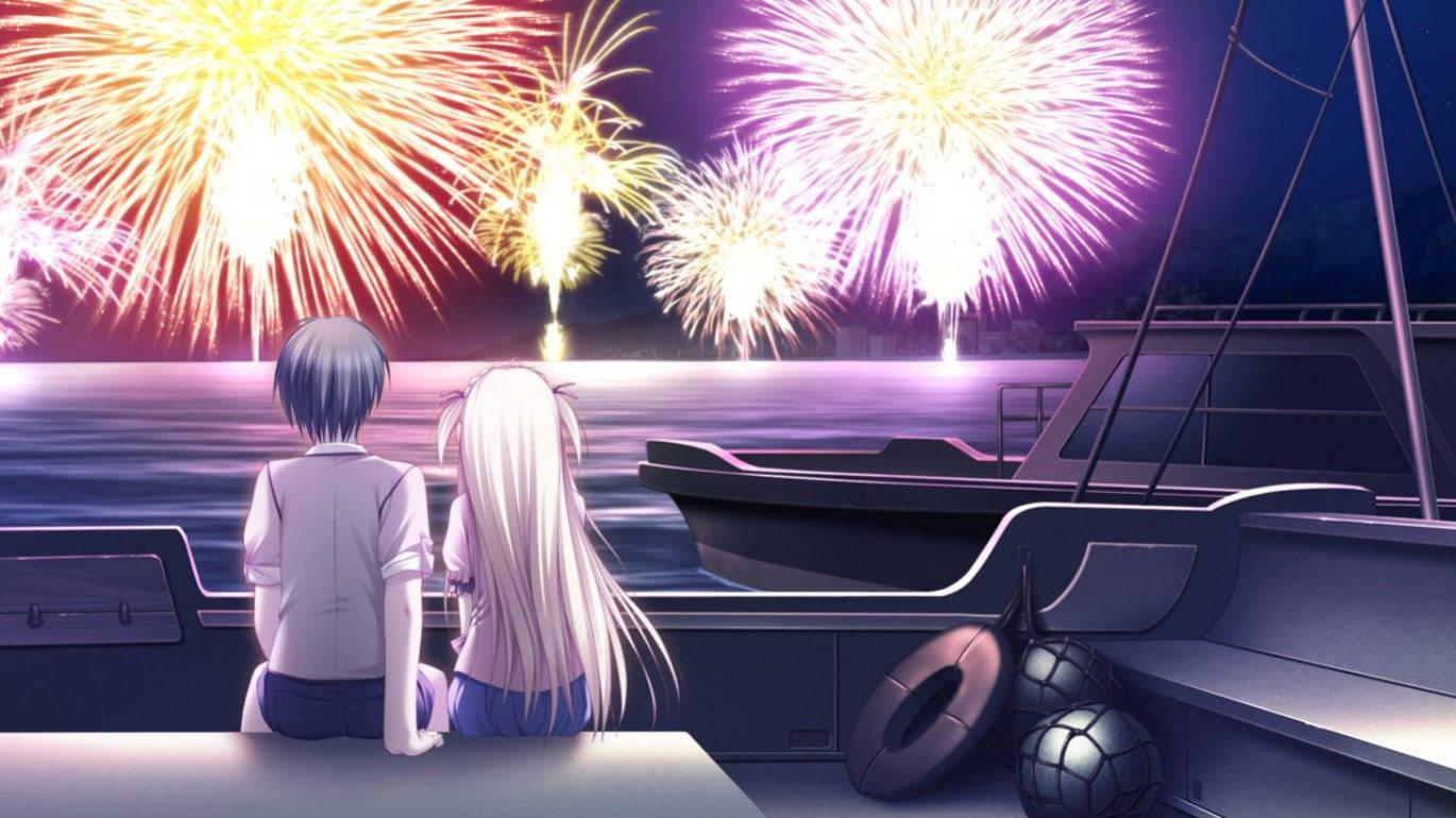 Romantic Anime Couples Fireworks Boat Background