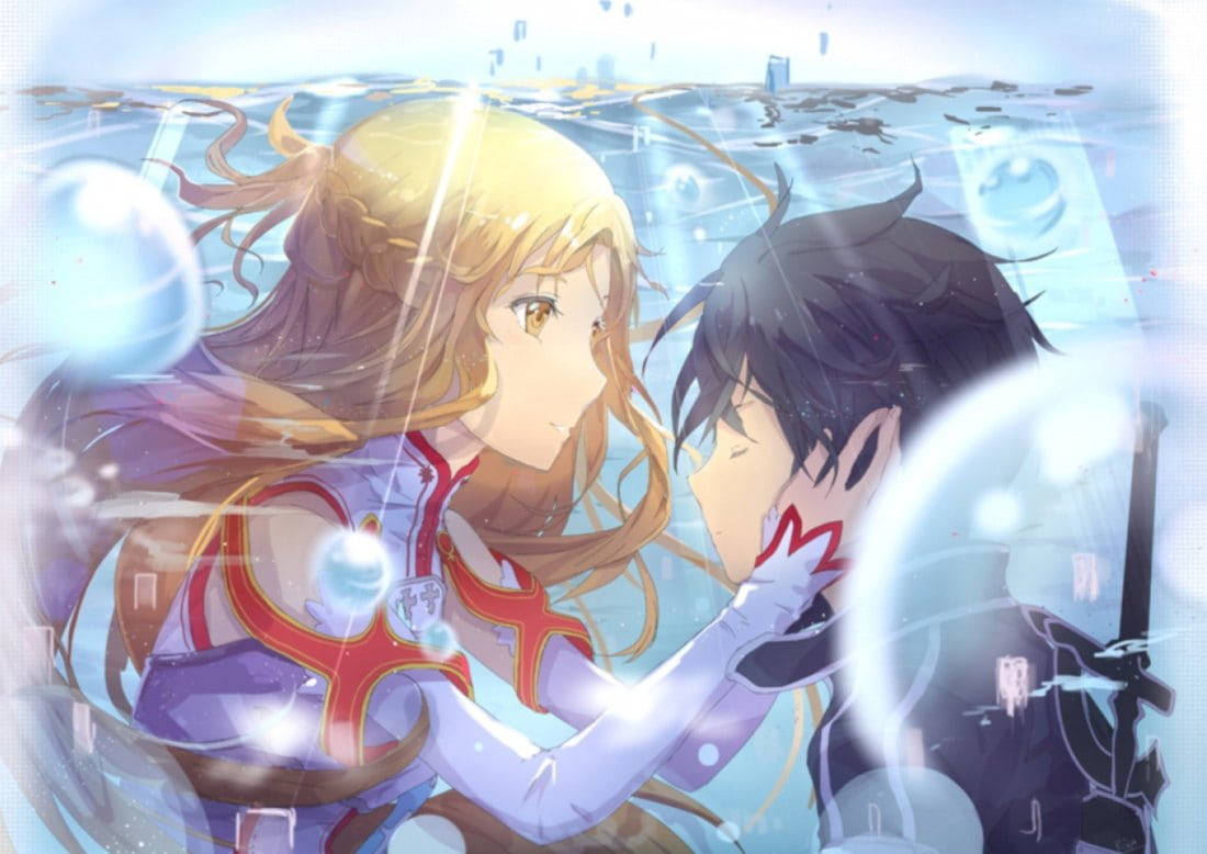 Romantic Anime Couples Kirito Asuna Hold Face Background
