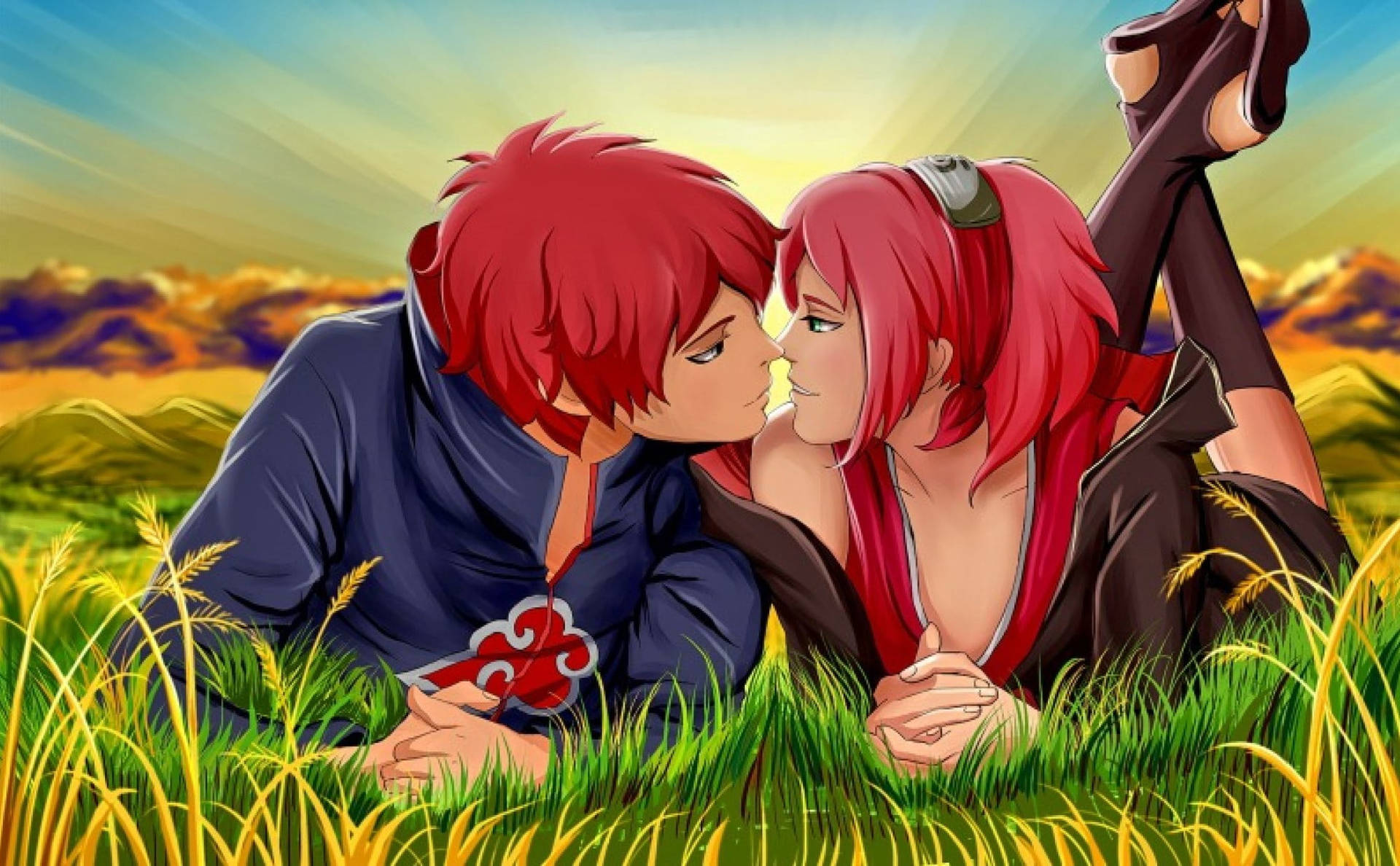 Romantic Anime Couples Red Hair Sunrise Background