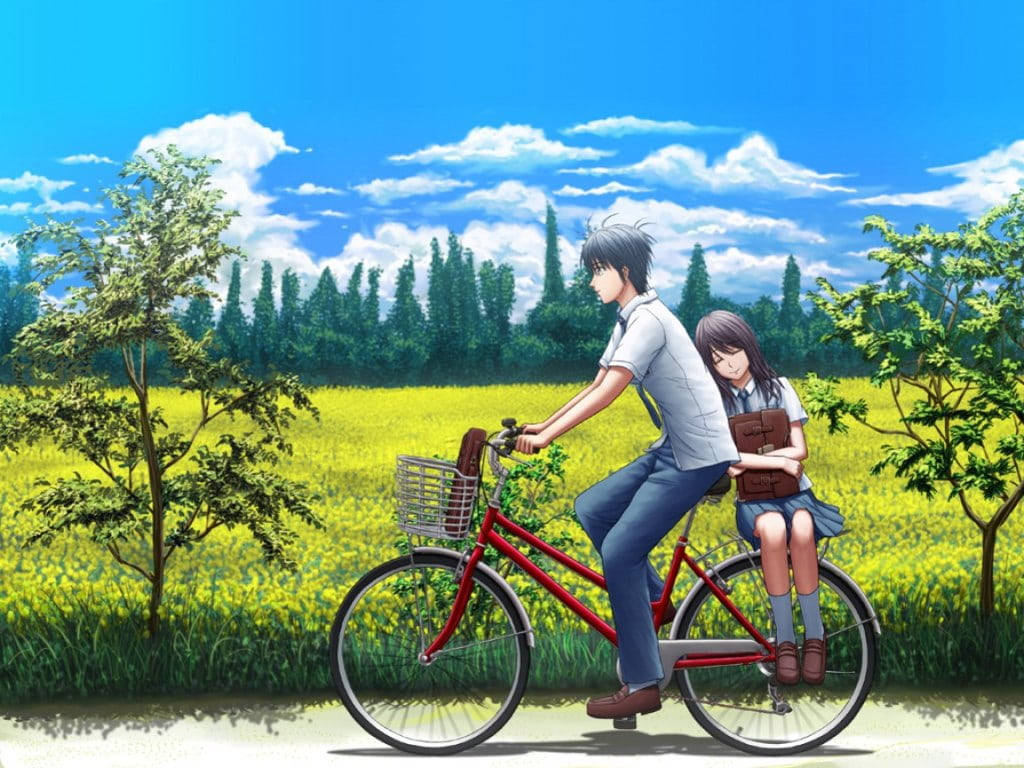 Romantic Anime Couples Riding Bicycle Background