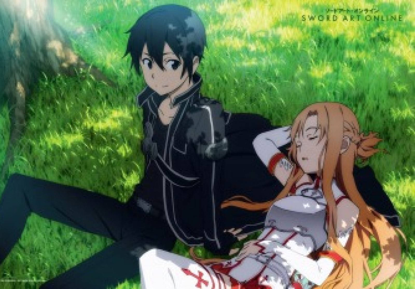 Romantic Anime Couples Sao Resting On Grass Background